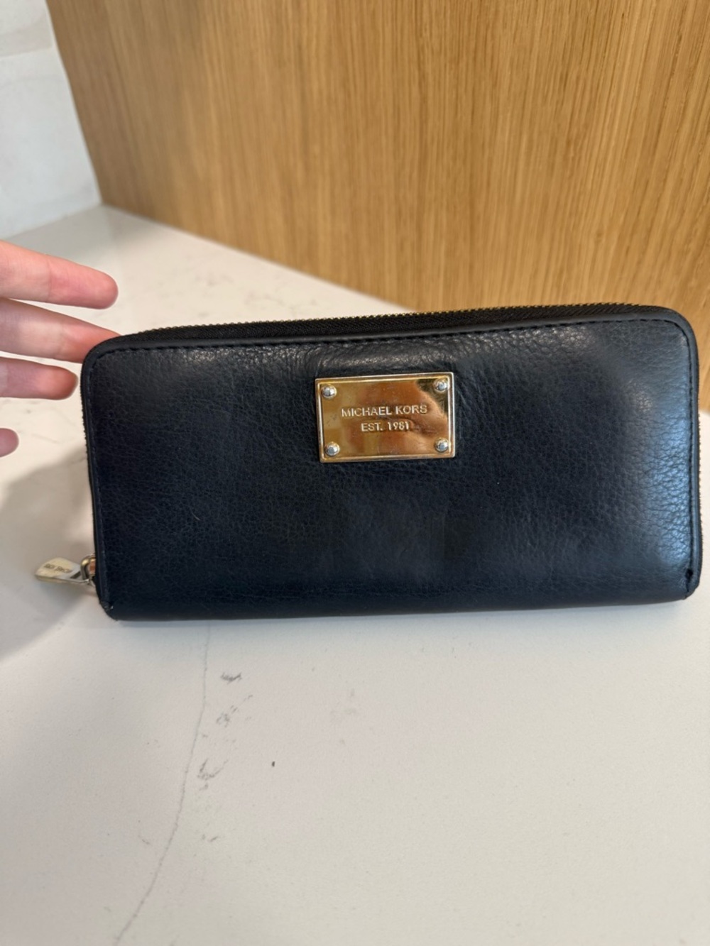 Michael Kors Black Leather Zip Wallet with Gold Plate